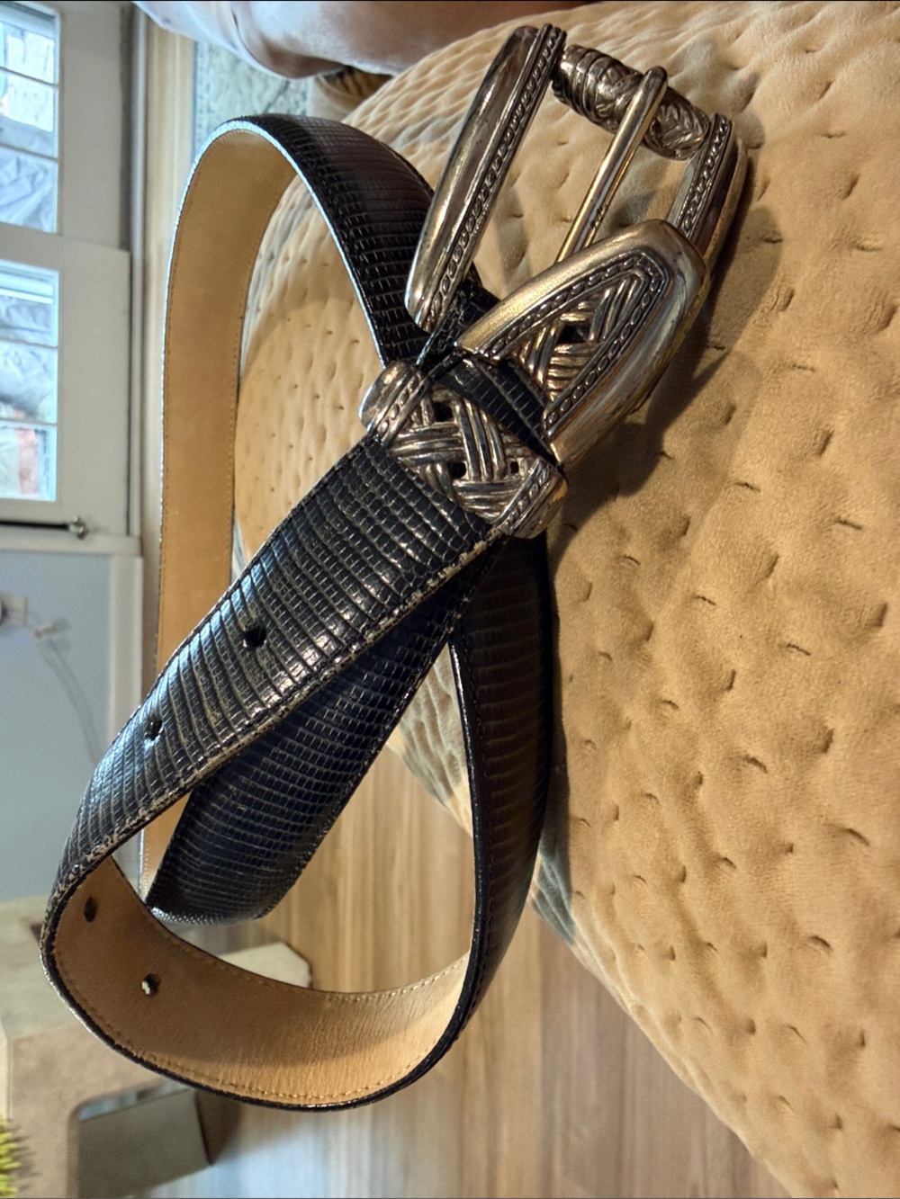 Brighton Black Textured Leather Belt with Decorative Silver Buckle